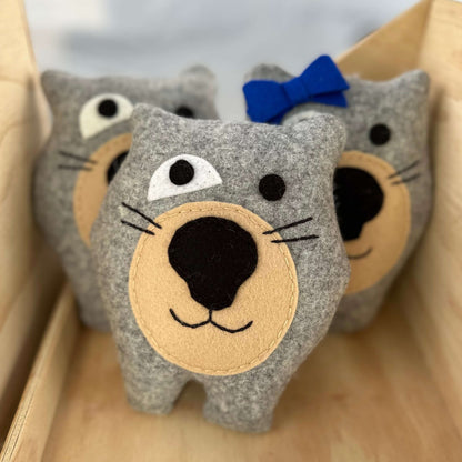 Wombat soft toy, Made from wool felt, Australian animal.Wombat soft toy. Handmade from wool felt in Tasmania, this cuddly plush toy is the perfect souvenir for Australian animal lovers of all ages.Tasmanian Softies